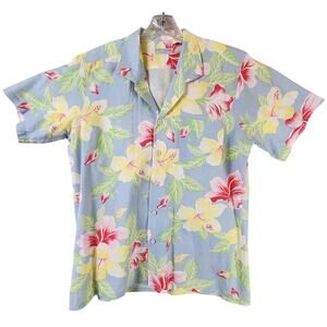 Marc Daniels Hawaiian Shirt Men Light Blue Hibiscus Floral Short Sleeve